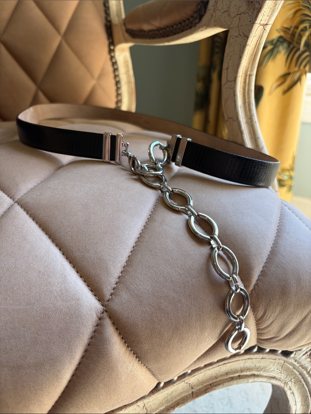 Talbots Black Leather Waist Belt with Silver Chain Detail